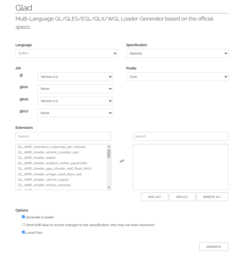 Glad web page settings